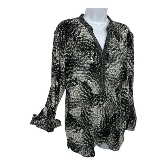 Alberto Makali roll tab Tunic top size XL Crochet Back black Gray Pattern Chiffo - Picture 1 of 12